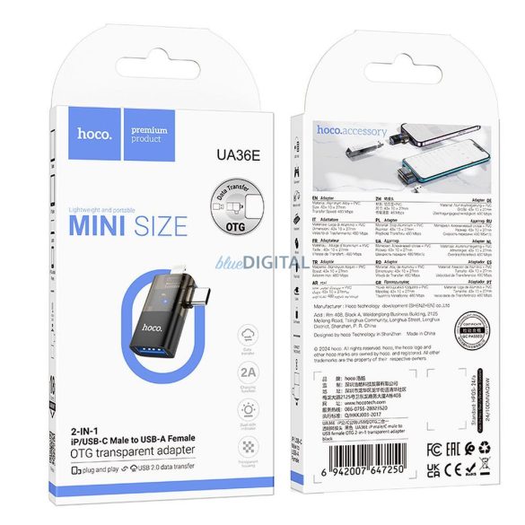 Hoco UA36E Type-C/Lightning - USB-A adapter - fekete