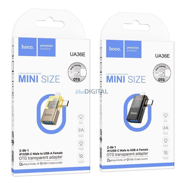 Hoco UA36E Type-C/Lightning - USB-A adapter - fekete