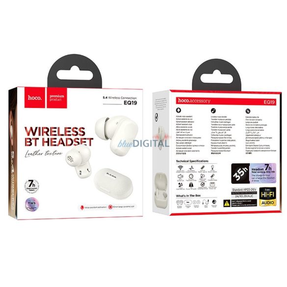 Hoco EQ19 TWS Bluetooth vezeték nélküli fülhallgató - fehér
