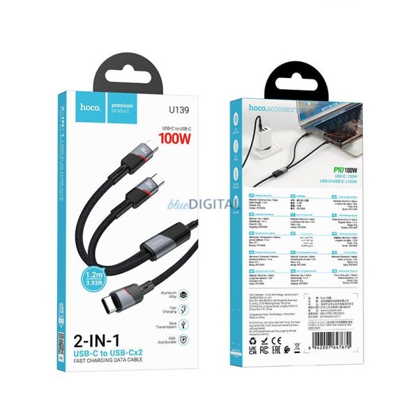 Kábel 2in1 USB C-ről USB C-re / USB C Hoco 5A 100W 1,2 m U139 fekete