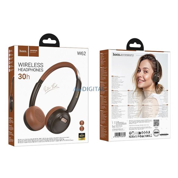 Hoco W62 Bluetooth 5.3 vezeték nélküli fejhallgató - barna-fekete