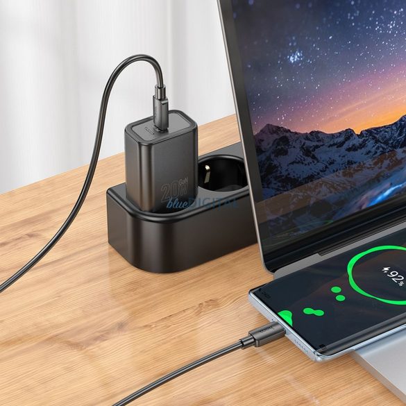 Hoco N60 hálózati töltő 1xUSB-C csatlakozással + Type-C - Lightning kábellel 100cm 20W PD QC - fekete