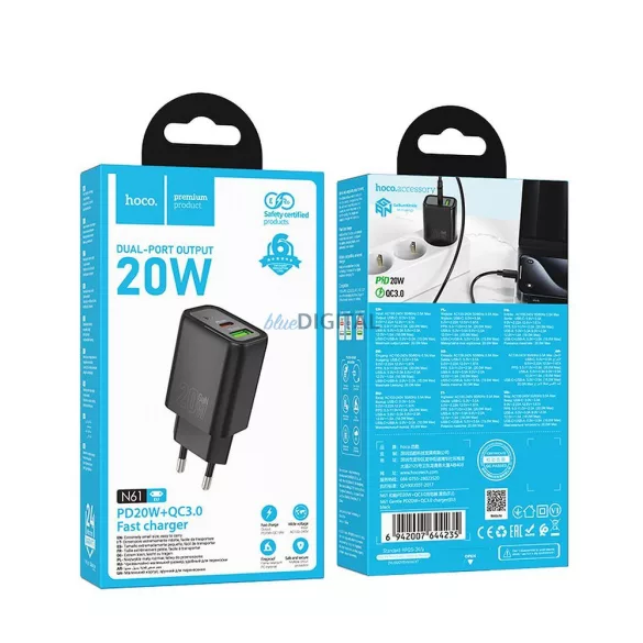 HOCO N61 hálózati töltő USB-A + Type-C PD QC3.0 3A 20W - fekete