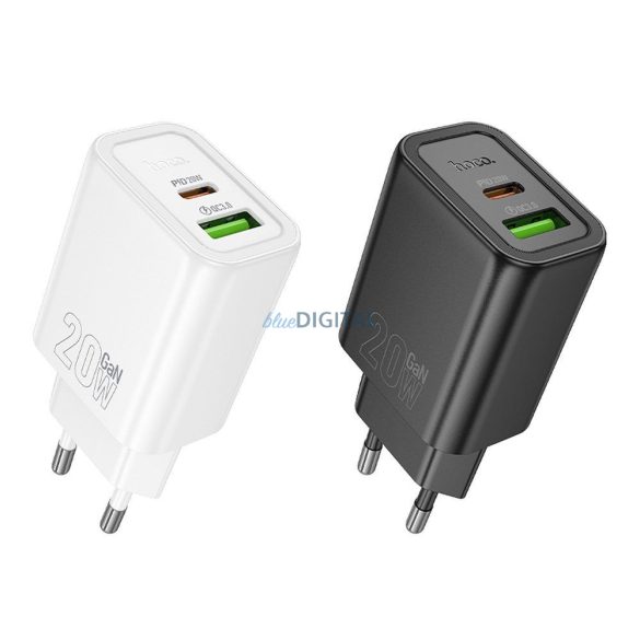 Hoco N61 hálózati töltő 1xUSB-A és 1xUSB-C csatlakozással 20W 3A PD QC3.0 - fekete