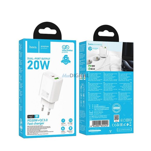 Hoco N61 hálózati töltő 1xUSB-A és 1xUSB-C csatlakozással 20W 3A PD QC3.0 - fehér