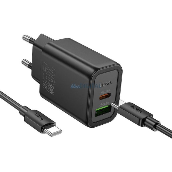 Hoco N61 hálózati töltő 1xUSB-A és 1xUSB-C csatlakozással + Type-C - Lightning kábellel 20W 3A PD QC3.0 - fekete