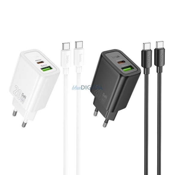 Hoco N61 hálózati töltő 1xUSB-A és 1xUSB-C csatlakozással + Type-C - Lightning kábellel 20W 3A PD QC3.0 - fekete