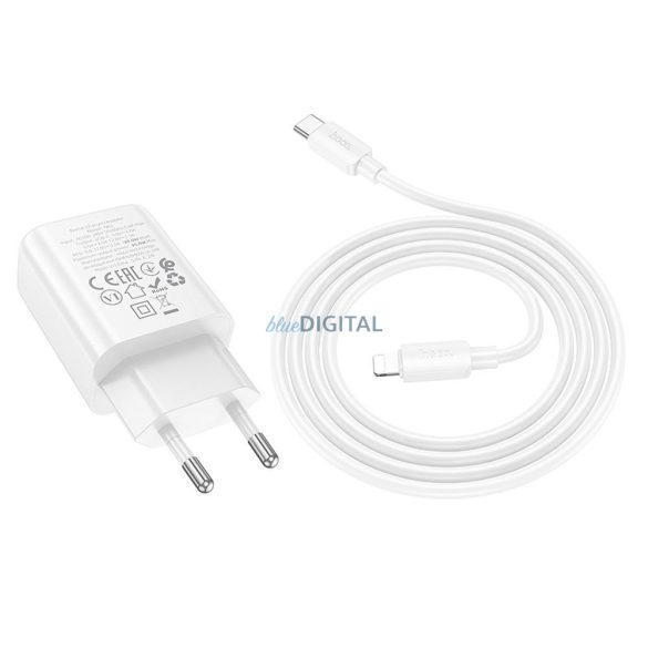 Hoco N62 hálózati töltő 1xUSB-C csatlakozással + Type-C - Lightning kábellel 30W PD QC - fehér