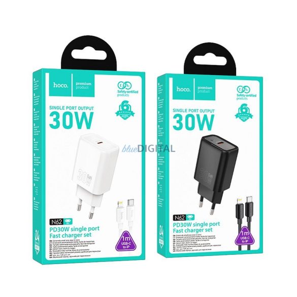 Hoco N62 hálózati töltő 1xUSB-C csatlakozással + Type-C - Lightning kábellel 30W PD QC - fehér