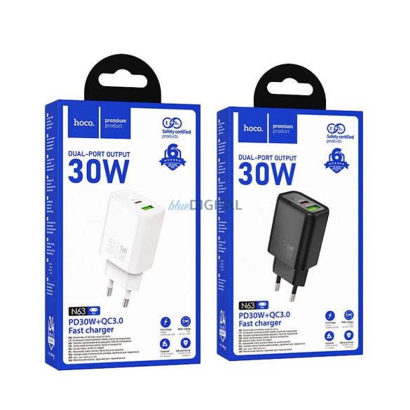 Hoco N63 hálózati töltő 1xUSB-A és 1xUSB-C csatlakozással 30W 3A PD QC3.0 - fekete