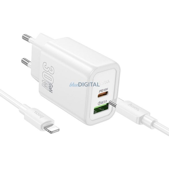 Hoco N63 hálózati töltő 1xUSB-A és 1xUSB-C csatlakozással + Type-C - Lightning kábellel 30W 3A PD QC3.0 - fehér