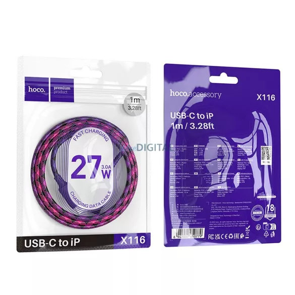 Kábel USB C Lightning Hoco PD 27W 1 m X116 piros színárnyalatos piros