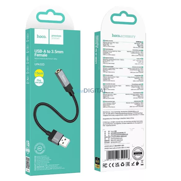 Adapter AUX USB-A (férfi) 3,5 mm-es (női) jack csatlakozóra Hoco UPA32D fekete