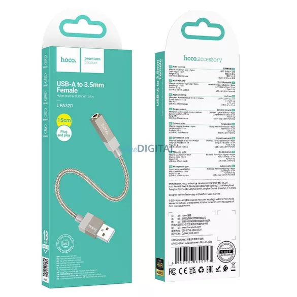 Adapter AUX USB-A (hím) 3,5 mm-es (női) jack csatlakozóra Hoco UPA32D arany
