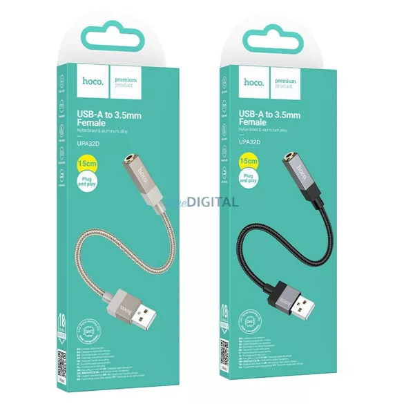 Adapter AUX USB-A (hím) 3,5 mm-es (női) jack csatlakozóra Hoco UPA32D arany