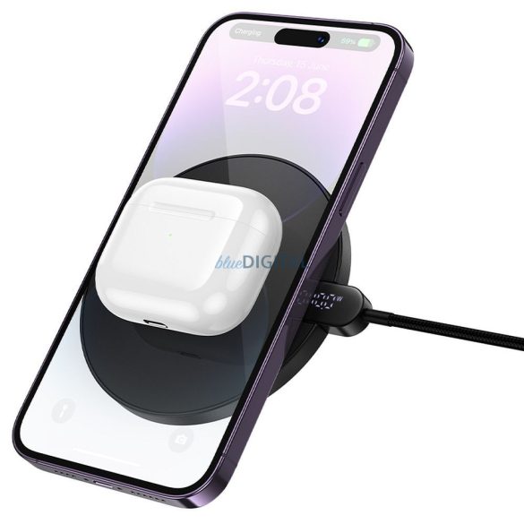 Vezeték nélküli töltő Hoco CW62 15W kábellel USB C és digitális kijelzővel fekete