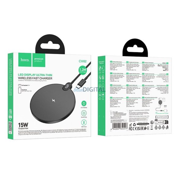 Vezeték nélküli töltő Hoco CW62 15W kábellel USB C és digitális kijelzővel fekete