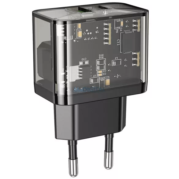 Hoco N34 hálózati töltő USB-A + USB-C QC3.0 PD 3A 20W - átlátszó