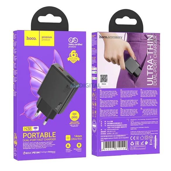 Hoco N38 slim hálózati töltő USB-A + USB-C QC3.0 PD 3A 20W - fekete