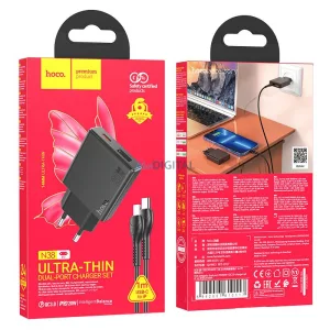 Hoco N38 slim hálózati töltő USB-A + USB-C QC3.0 PD 3A 20W + Type-C-Lightning kábel - fekete