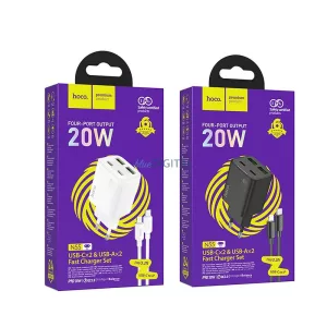 Hoco N55 hálózati töltő 2x USB-C + 2x USB-A QC3.0 PD 3A 20W + Type-C-Lightning kábel - fekete