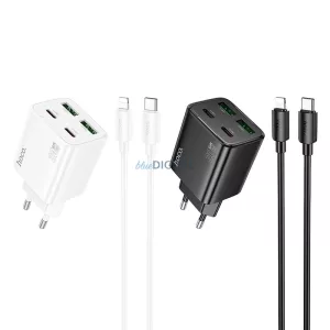 Hoco telefon-töltő 2 x USB-C + 2 x USB-A, QC3.0, PD 3A, 20 W + USB-C–Lightning kábel, N55, fehér
