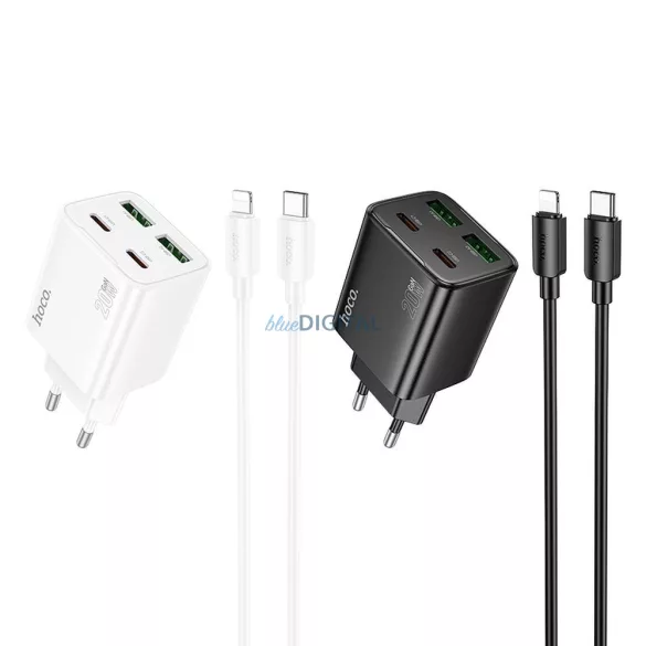 Hoco telefon-töltő 2 x USB-C + 2 x USB-A, QC3.0, PD 3A, 20 W + USB-C–Lightning kábel, N55, fehér