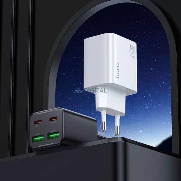 Hoco N56 hálózati töltő 2x USB-C + 2x USB-A QC3.0 PD 3A 30W + Type-C-Lightning kábel - fehér
