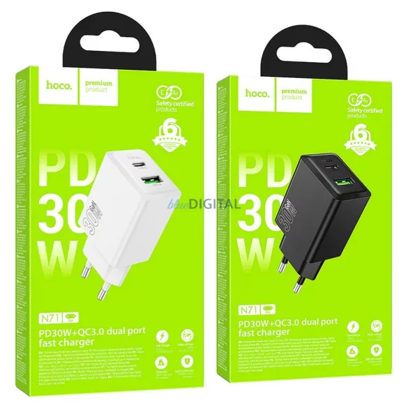 HOCO N71 hálózati töltő USB-A + Type-C PD QC3.0 AFC 3A 30W - fekete