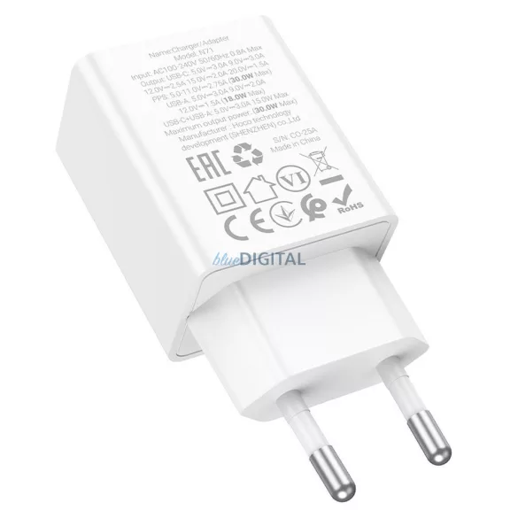 HOCO N71 hálózati töltő USB-A + Type-C PD QC3.0 AFC 3A 30W - fehér