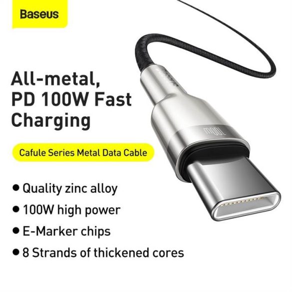 BASEUS Kábel C típus a type-c PD100W Power Delivery Cafule Metal Cable Catjk-C01 1 méteres fekete