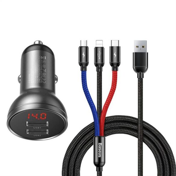 Baseus autós töltő 2xUSB 4,8A 24W digitális kijelző + kábel 3in1 (mikro / lightning 8 pólusú / c) 1,2 méter fekete TZCCBX-0G