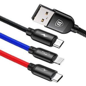 Baseus CAMLT-BSY01 USB-A - microUSB/Lightning/Type-C kábel 3.5A 0.3m - fekete