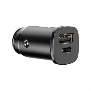 BASEUS autós töltő Négyzet alakú fém USB + Type-C QC3.0 PD 30W fekete CCALL-AS01/BS-C15C