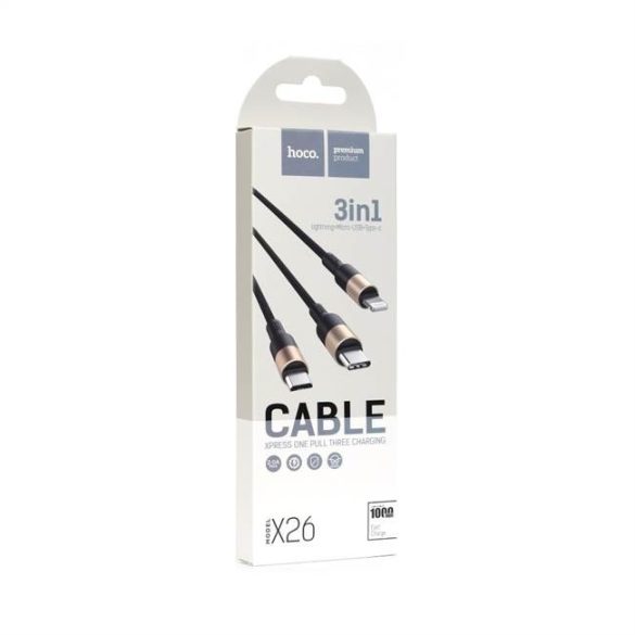 HOCO USB kábel X26 Xpress iPhone Lightning 8-pin + Micro + Type-c, fekete-arany