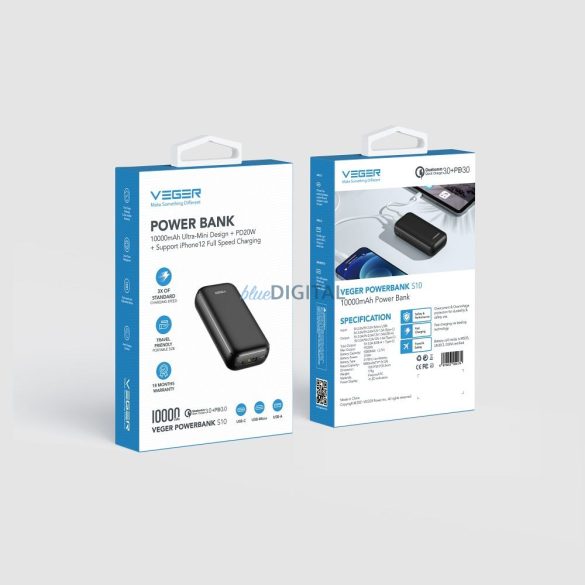 Power Bank VEGER S10 - 10 000mAh LCD gyorstöltő PD20W fekete