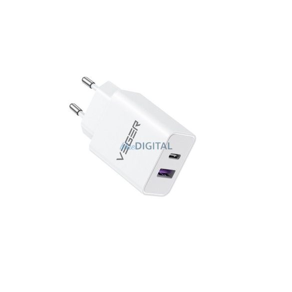 Veger VLS302U hálózati töltő 1xUSB-A és 1xUSB-C csatlakozással QC3.0 PD 30W - fehér