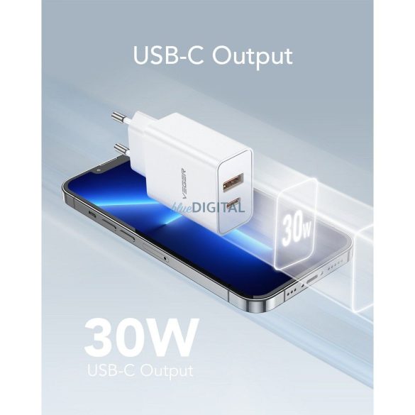 Veger VLS302U hálózati töltő 1xUSB-A és 1xUSB-C csatlakozással QC3.0 PD 30W - fehér