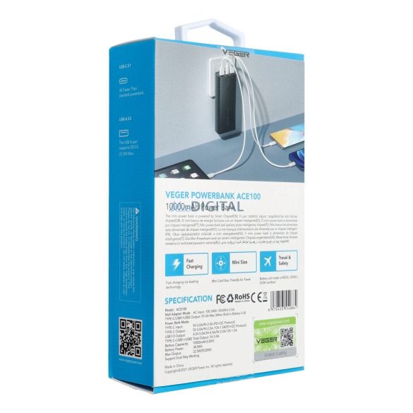 Veger W1146 powerbank 10000mAh 20W QC3.0 PD - fekete