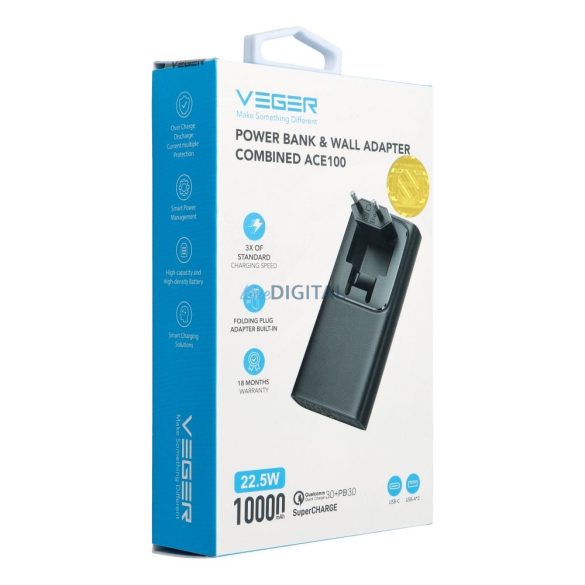 Veger W1146 powerbank 10000mAh 20W QC3.0 PD - fekete