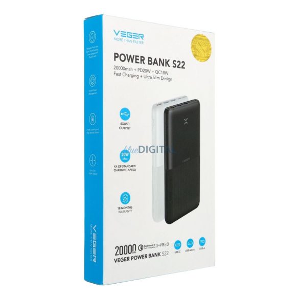Veger W2060 powerbank 20000mAh 20W 3A QC3.0 PD - fekete