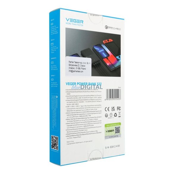 Veger W2060 powerbank 20000mAh 20W 3A QC3.0 PD - fekete