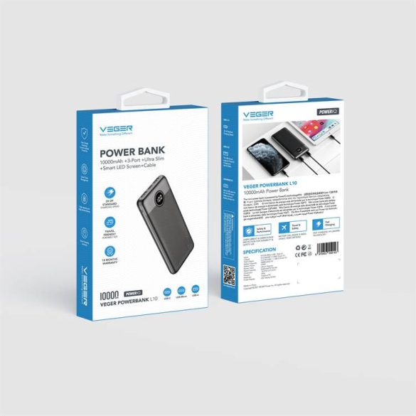 Power Bank VEGER L10S - 10 000mAh LCD gyorstöltő PD20W (W1105PD)