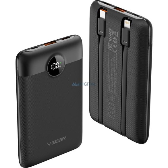 VEGER C11 powerbank 10000mAh Type-C és Lightning kábellel 22,5W - fekete