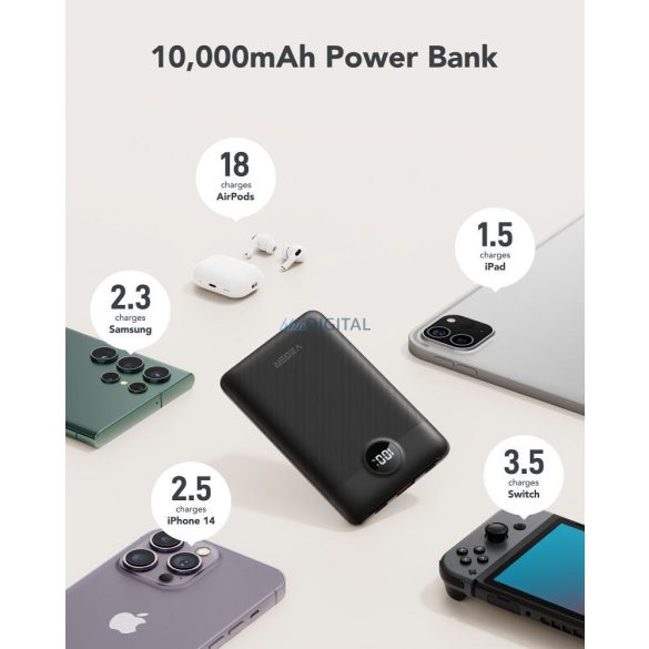 VEGER C11 powerbank 10000mAh Type-C és Lightning kábellel 22,5W - fekete