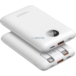   Veger W1170 powerbank 10000mAh 2A 22.5W QC3.0 PD beépített Type-C és Lightning kábellel fehér - fehér