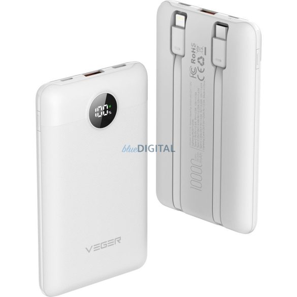 Veger W1170 powerbank 10000mAh 2A 22.5W QC3.0 PD beépített Type-C és Lightning kábellel fehér - fehér