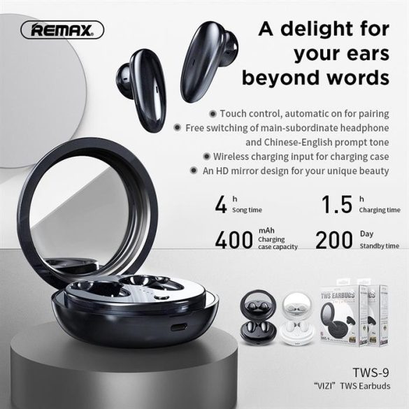 Remax vezeték nélküli sztereó fülhallgató TWS-9 dokkolóállomással és tükörrel