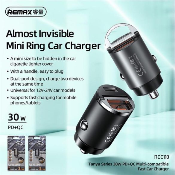 Remax autós töltő C + USB gyors töltő 30w 4.8a rcc110 mini fekete