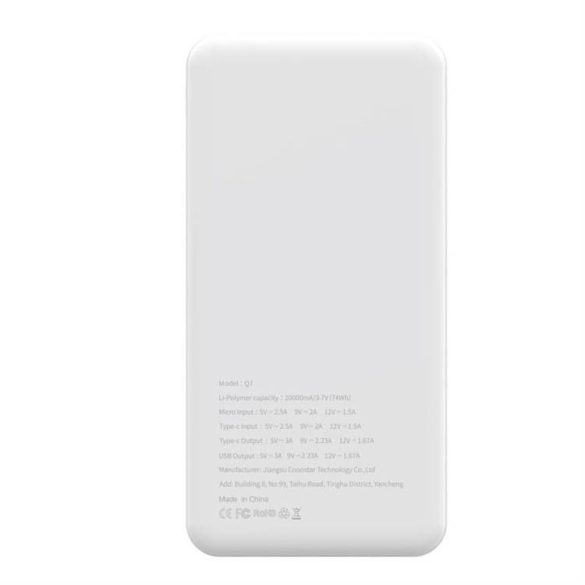 Power bank PURIDEA Q7 - 20 000mAh gyorstöltő QC3.0 PD3.0 20W fehér